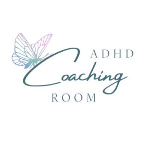 ADHD Coaching Room Logo blue butterfly resting on the words The ADHD Coaching Room
