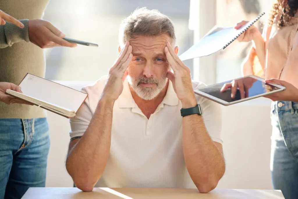 Man in an office holding a coffee cup, feeling overwhelmed before accessing ADHD workplace support.