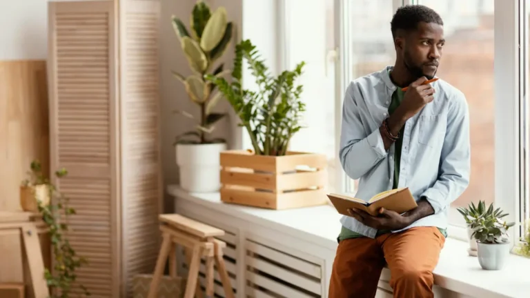 Calm workspace with books and a plant, symbolising clarity and focus through ADHD coaching.