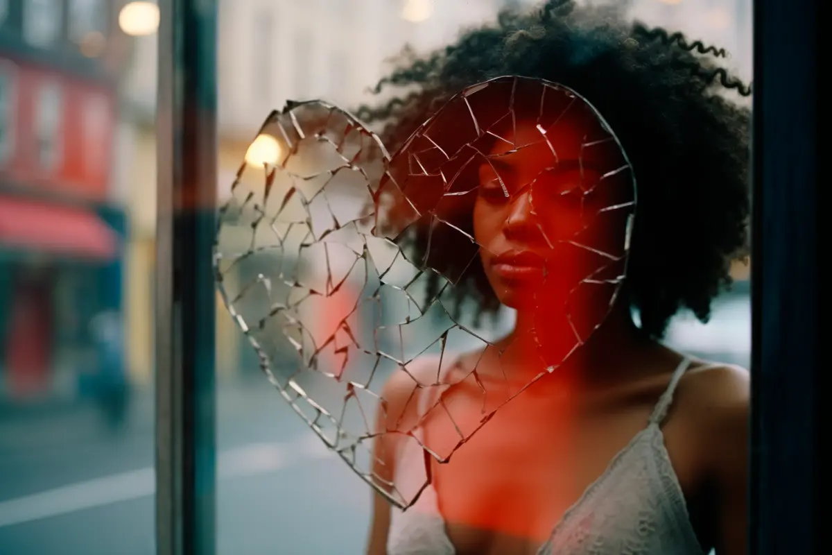 Woman reflected in glass with red light, symbolising emotional intensity and intrusive thoughts linked to limerence