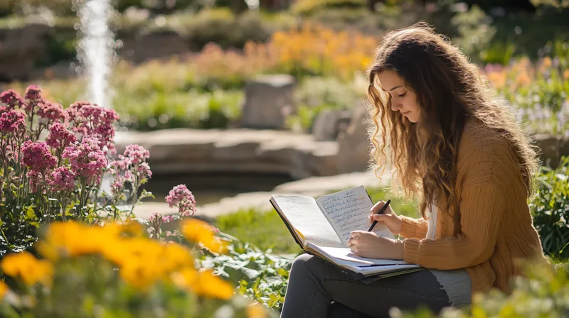 Woman journalling outdoors in a peaceful garden setting