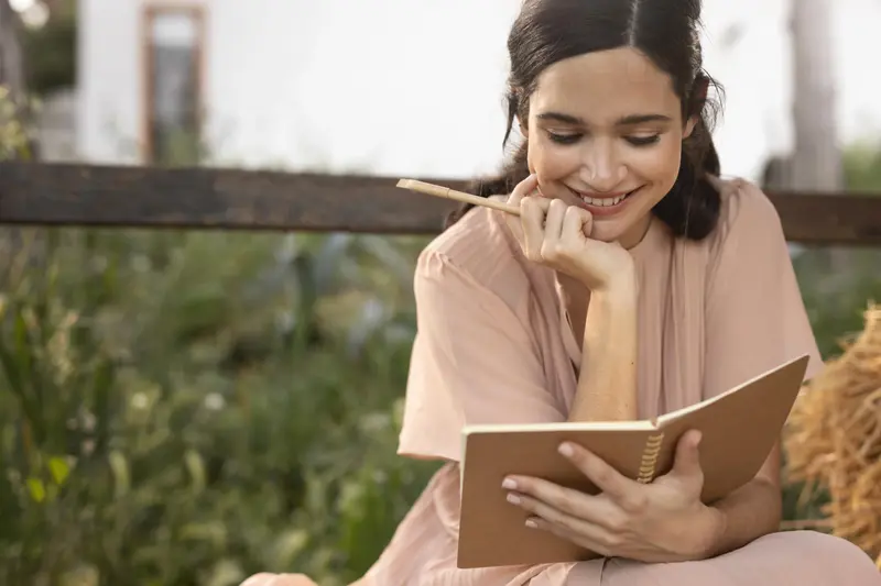 Woman sitting outdoors writing in notebook representing calm ADHD coaching support and reflection