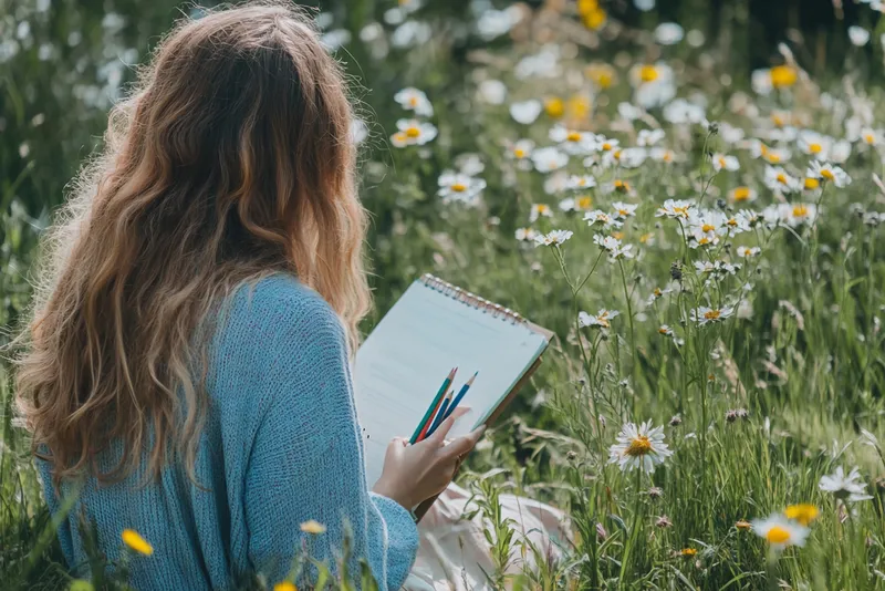 Woman writing in a notebook outdoors while reflecting on ADHD experiences and emotional wellbeing