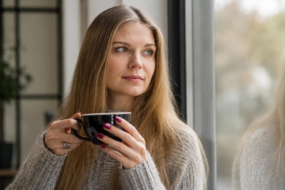 Woman in ADHD waiting mode, looking out the window thinking about her upcoming appointment