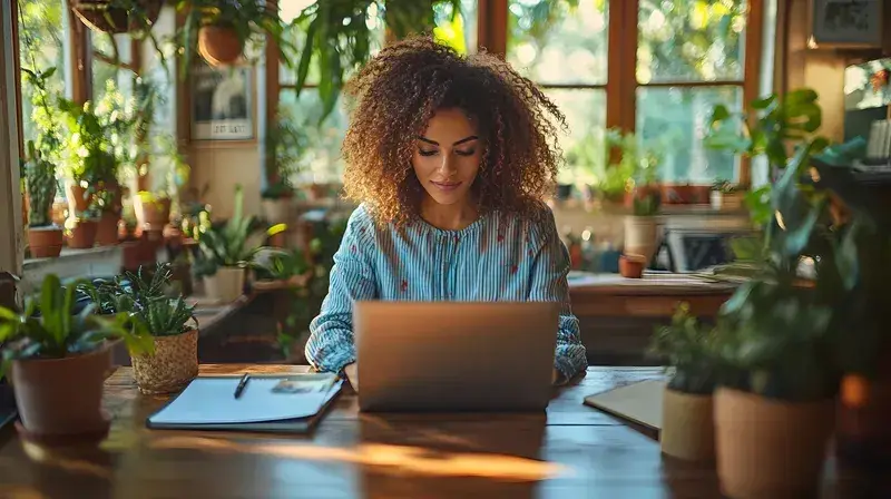 Alt text Woman working at a laptop with a notebook, representing how ADHD coaching can help with practical strategies and everyday challenges.