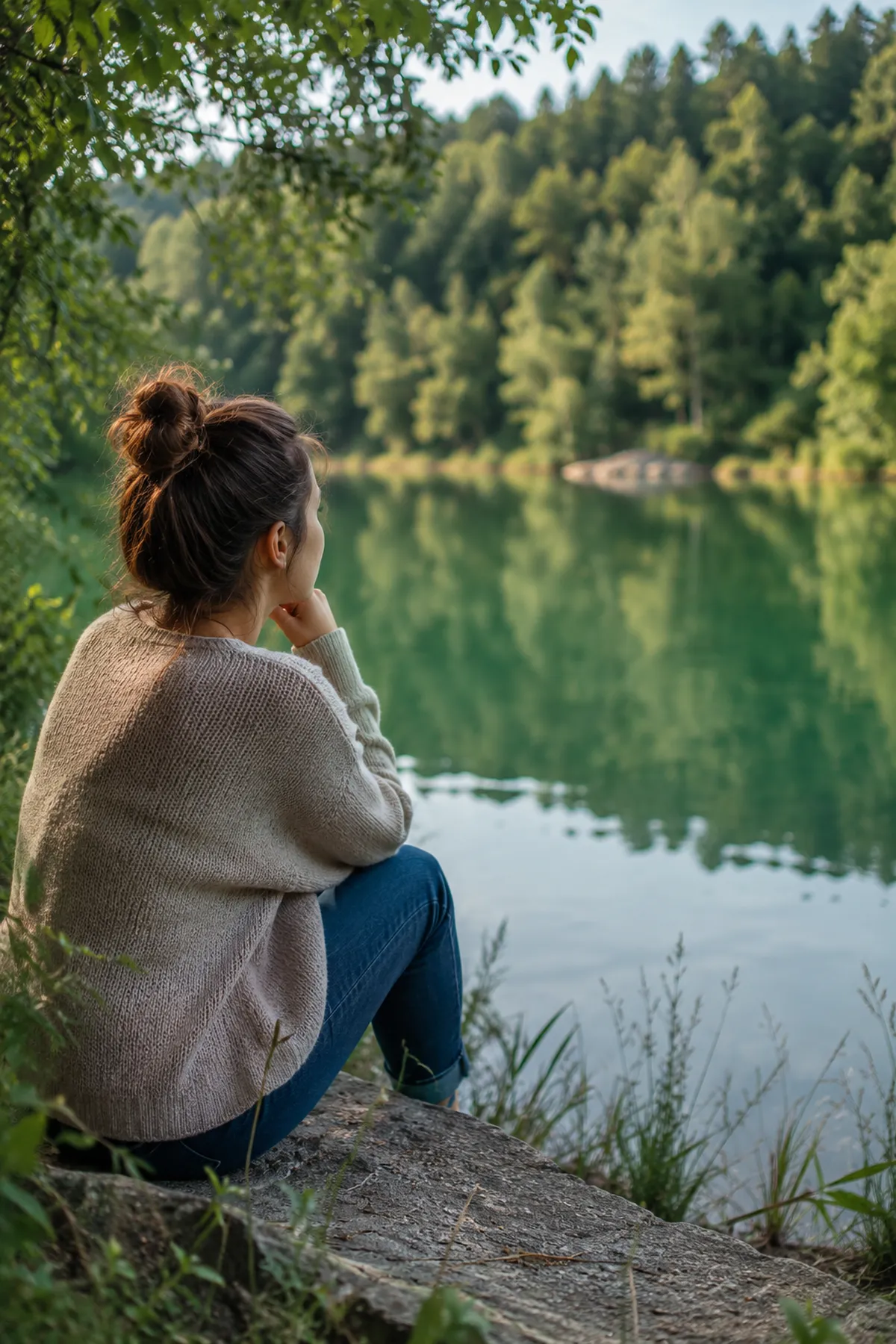 Woman looking across a calm lake, representing the reflective space created through ADHD coaching.