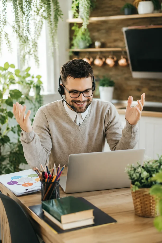 Man taking part in an online ADHD coaching support at work session from a home office.