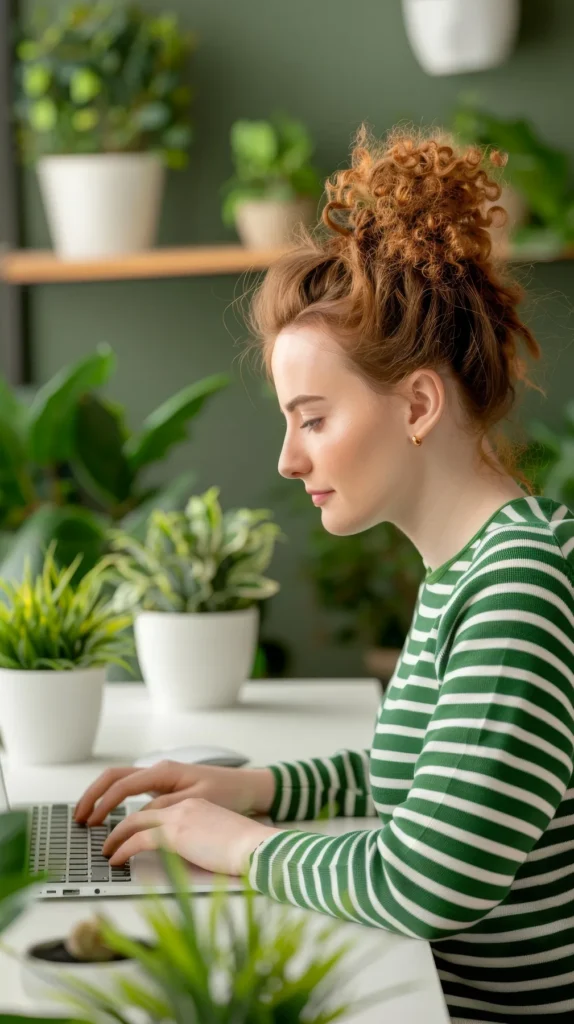 Woman working on a laptop in a calm, plant-filled space representing ADHD coaching.