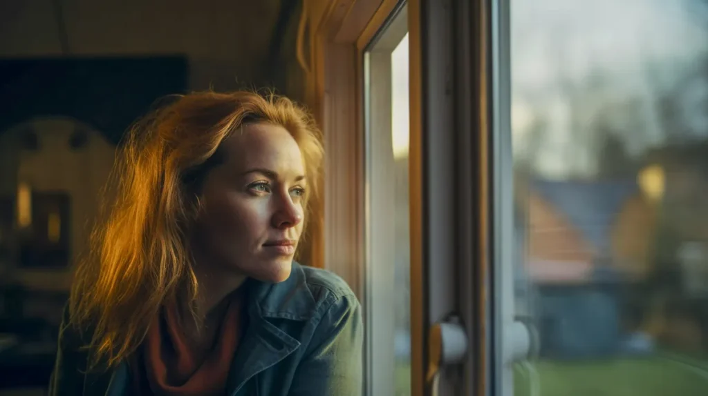 Woman looking out of a window reflecting on limerence and ADHD.